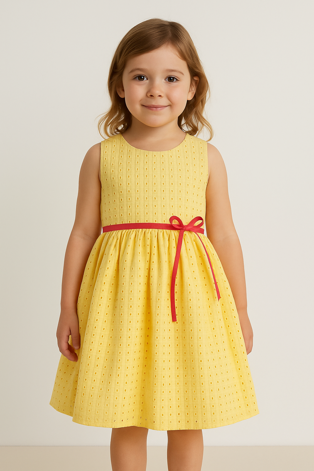 Yellow Schiffly Dress with Pink Belt
