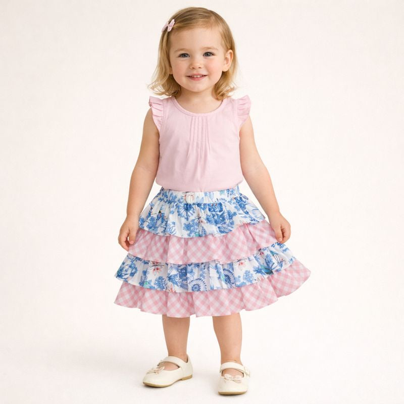 Tiered floral and check skirt