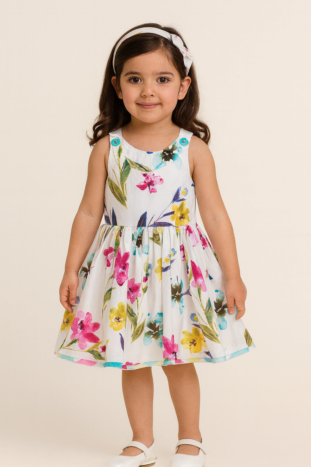 Garden Bloom Floral Cotton Satin Dress with Ruffle