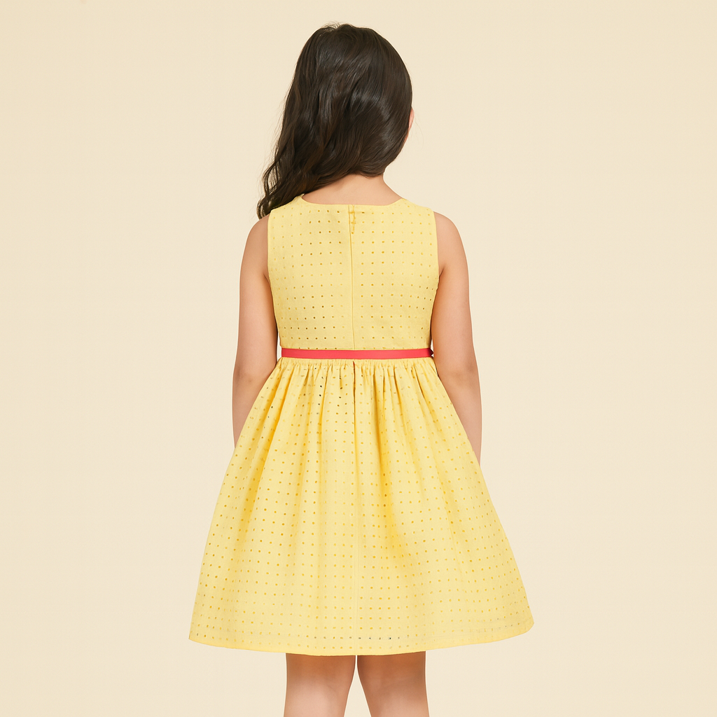 Yellow Schiffly Dress with Pink Belt