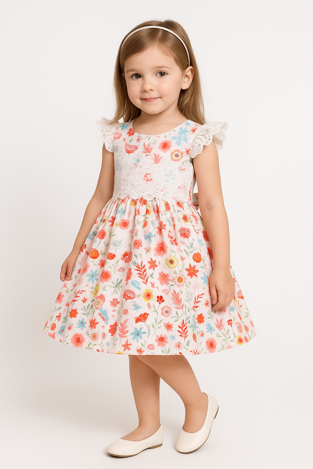 Fluorescent neon orange print lace yoke dress