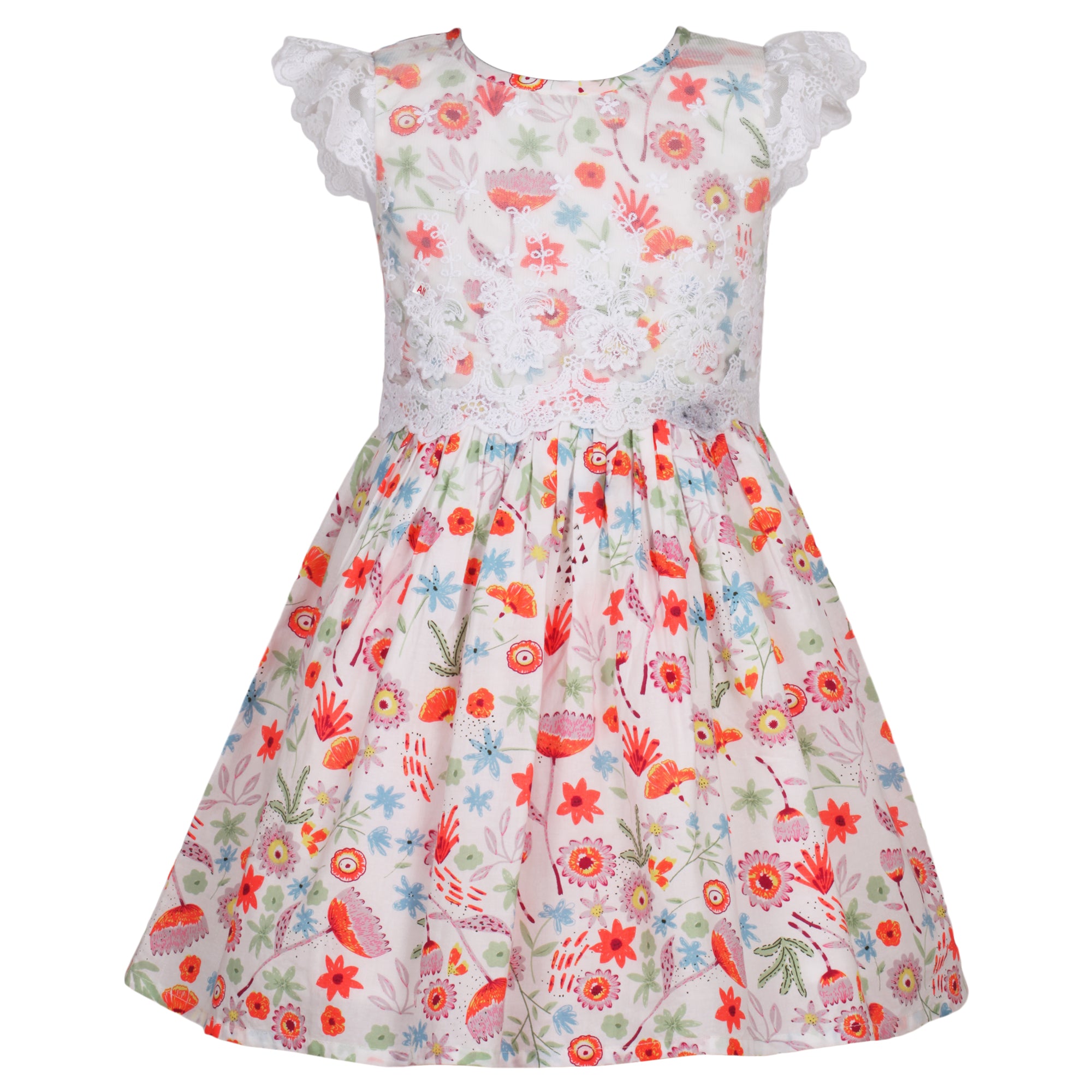 Fluorescent neon orange print lace yoke dress