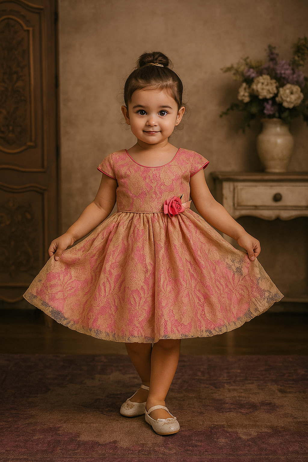 Pink & Golden Lace Party Dress