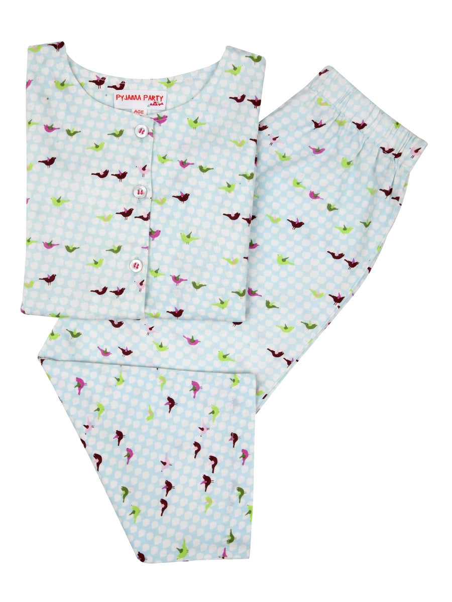 Unisex Birds Print Cotton Satin Nightsuit set by Pyjama Party
